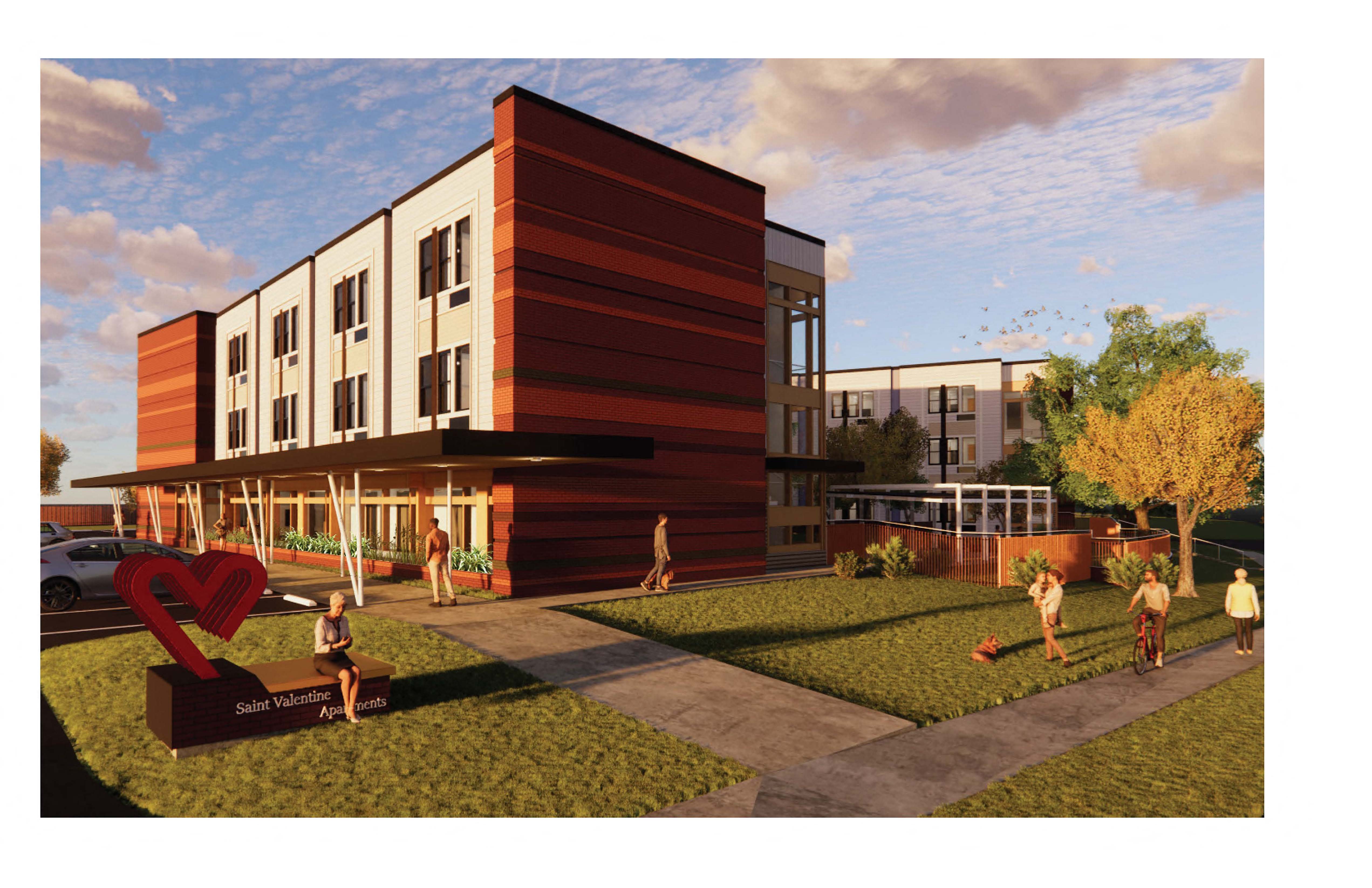 a rendering of a building with people playing on the grass